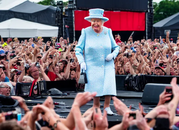 Prompt: photo still of queen elizabeth on stage at vans warped tour!!!!!!!! at age 7 0 years old 7 0 years of age!!!!!!! in the mosh pit, 8 k, 8 5 mm f 1. 8, studio lighting, rim light, right side key light