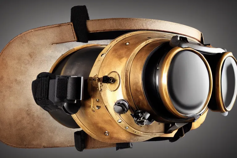 Image similar to a high quality product photography photoshoot of steampunk virtual reality goggles