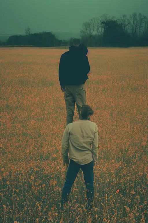 Image similar to agfa vista 4 0 0 photograph of a guy standing in a field of human skulls, back view, synth vibe, vaporwave colors, lens flare, moody lighting, moody vibe, telephoto, 9 0 s vibe, blurry background, grain, tranquil, calm, faded!,