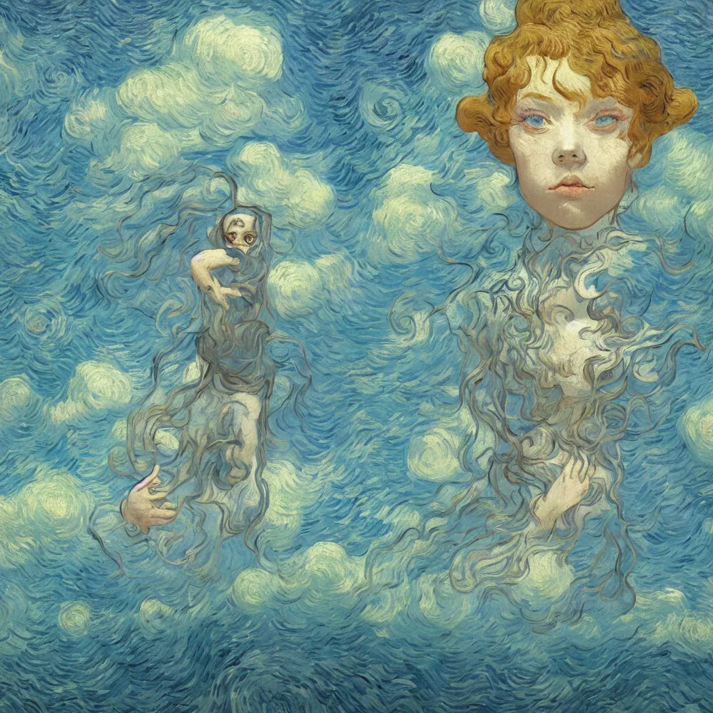 Image similar to a photo of a girl half robot, surrounded by clouds and mist, the sun shines brightly, volume light, cinematic light effect, super realistic, super wide angle, rococo ornament, cinematic, symmetrical, decorative frame, by victo ngai ， vincent van gogh, leon francois comerre, craig mullins, mucha, klimt, artstation