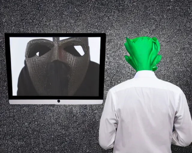 Image similar to man wearing guy fawkes mask examines numbers on large monitor intensely, corporate photo, cinematic lighting