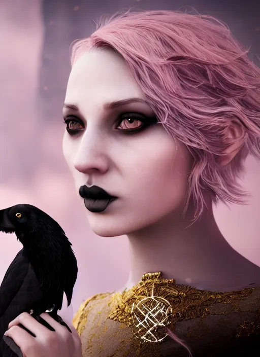 Image similar to dreamlike luxury portrait of a gothic raven, pale pink and gold, 8 k realistic, hyperdetailed, beautiful lighting, detailed background, depth of field, frostbite 3 engine, cryengine,