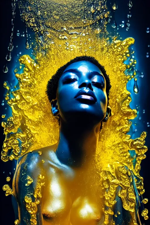Prompt: hyperrealistic post rococo cinematic very expressive! black oshun goddess, in water up to her shoulders, translucent dripping droplet!, gold flowers, highly detailed face, digital art masterpiece, smooth eric zener cam de leon dramatic pearlescent blue back lighting, low angle uhd 8 k, sharp focus