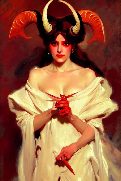 Prompt: painted close - up portrait of a attractive red - skinned intimidating demon girl with ram horns! oil painting, wearing a noblewoman's outfit, fantasy art by john singer sargent and gaston bussiere and james jean, demon noble character design, hd