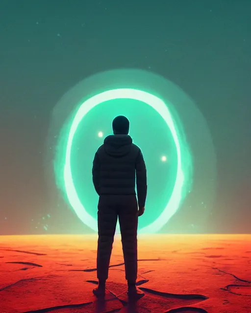 Image similar to a person standing in front of a glowy open door that's on a barren moon, poster art by mike winkelmann, trending on cg society, space art, sci - fi, ue 5, futuristic, volumetric lighting, light casting onto the ground, neat composition and camera angle