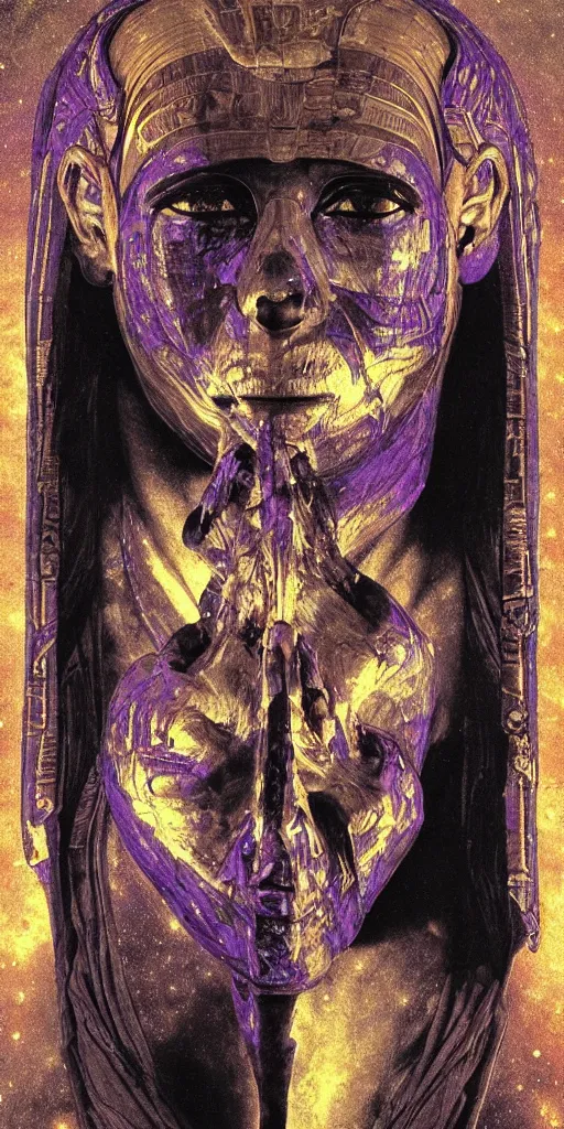 Image similar to intense glowing egyptian mummy god with ancient bandages and intense black eyes with a skull in very dark cosmic nebula by artgerm and beksinski and alphonse mucha, portrait, centered, symmetrical, clear, light beams, lens flare, intense, pharoah, uhd, amazing depth, cinematic lighting, black and purple and shining gold