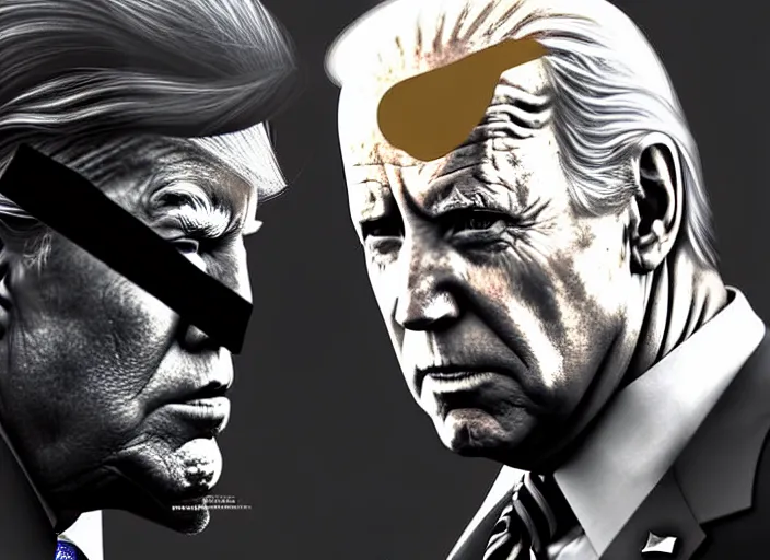 Prompt: donald trump and joe biden fighting in metal gear solid, digital art, trending on artstation, highly detailed, illustration, concept art, elegant, beautiful, masterpiece