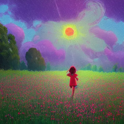 Image similar to girl with one flower head, in a field with flowers, hills, big trees, sunrise dramatic light, impressionist painting, colorful clouds, digital painting, pointillism, artstation, simon stalenhag