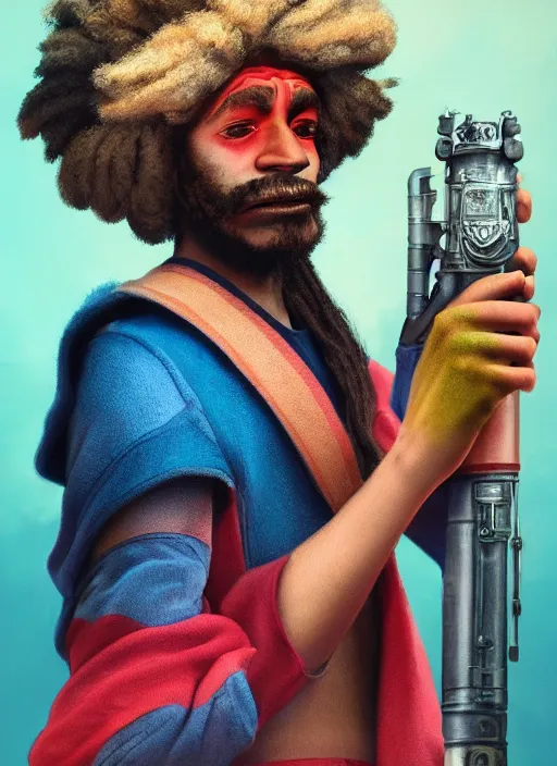 Image similar to an anthropomorphic beautiful male wizard portrait holding bazooka wearing colourful robe, dreadlock breed hair, fine art, award winning, intricate, elegant, sharp focus, octane render, hyperrealistic, cinematic lighting, highly detailed, digital painting, 8 k concept art, art by jamie hewlett masterpiece, trending on artstation, 8 k