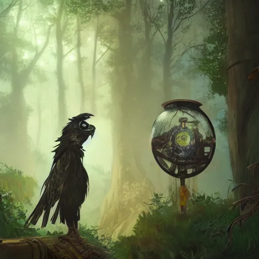 Prompt: concept art painting of a person with a head of a crow, with steampunk clothes, in the deep forest, realistic, detailed, cel shaded, in the style of makoto shinkai and greg rutkowski and james gurney