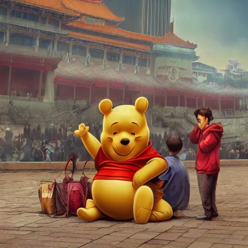 Image similar to screaming winnie the pooh having a tantrum in front of 5 9 式 at tiananman square, dystopian, highly detailed, photorealistic, octane render, 8 k, unreal engine. art by artgerm and greg rutkowski and alphonse mucha