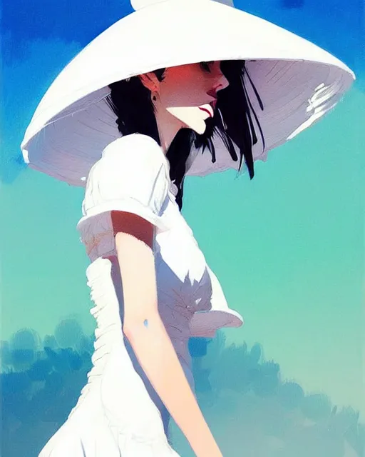 Image similar to a ultradetailed beautiful painting of a stylish woman wearing a white dress with a sun hat, by conrad roset, greg rutkowski and makoto shinkai trending on artstation