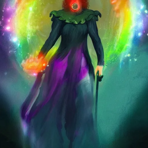 Image similar to a witch in the rainbow universe waiting for superpower from other galaxy, concept art trending on artstation,