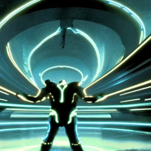 Prompt: a movie still from tron with the balrog from lord of the ring