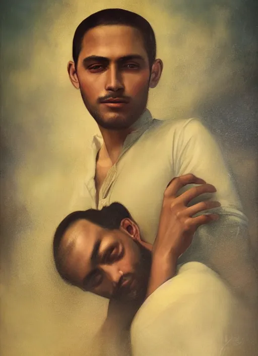 Image similar to portrait of a handsome mexico in old jalisco, painting by manuel sanjulian and tom bagshaw, oil on canvas, hyperrealism