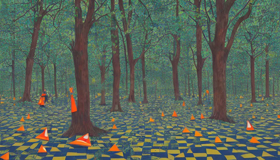 Image similar to safety cones scattered around an oak tree forest checker board forest floor, by james jean by ilya kuvshinov kintsugi, hyper detailed surrealist painting