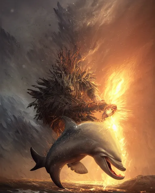 Prompt: oil painting of Angry Anthropomorphized Dolphin Berserker, wearing fur armor, claws, sharp focus, attack pose, fantasy style, octane render, volumetric lighting, 8k high definition, by greg rutkowski, highly detailed, trending on art Station, magic the gathering artwork, burning Battlefield background, centered