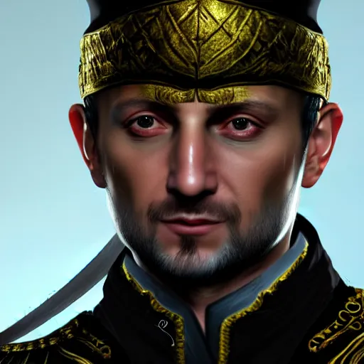 Prompt: Detailed portrait of Volodymyr Zelensky in game style 8k in a detailed assassin costume from the assassin computer game, on a white background,