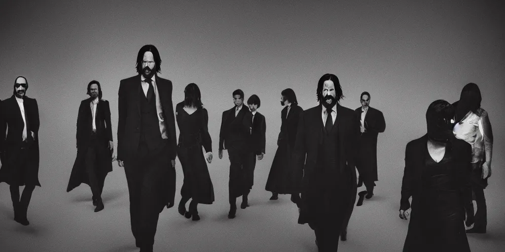 Image similar to John Wick, a black and white photo of a group, an album cover by David Gilmour Blythe, pinterest, bauhaus, tesseract, composition, national geographic photo, flemish baroque