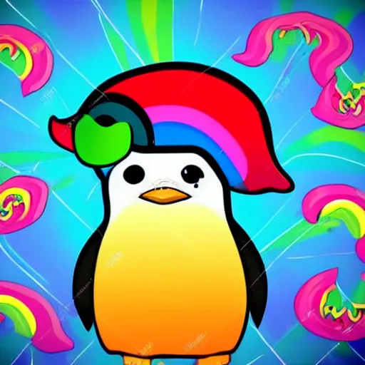 Prompt: portrait friendly cute happy stylish realistic rainbow penguin. background in the style of art nouveau. lively. colorful. hd.