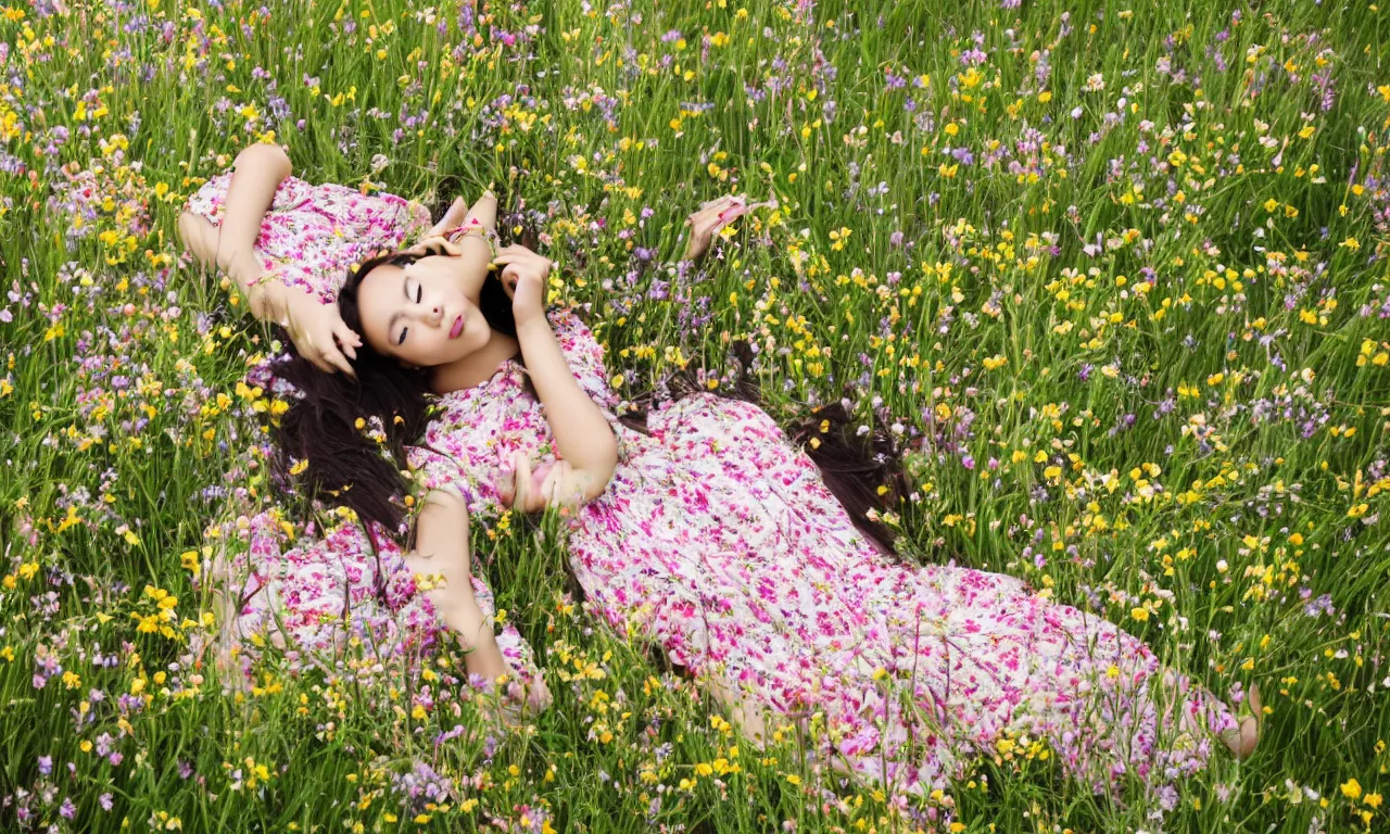 Prompt: a beautiful young Asian woman lying in a field of wildflowers, wearing a sun dress, portrait, dreamy