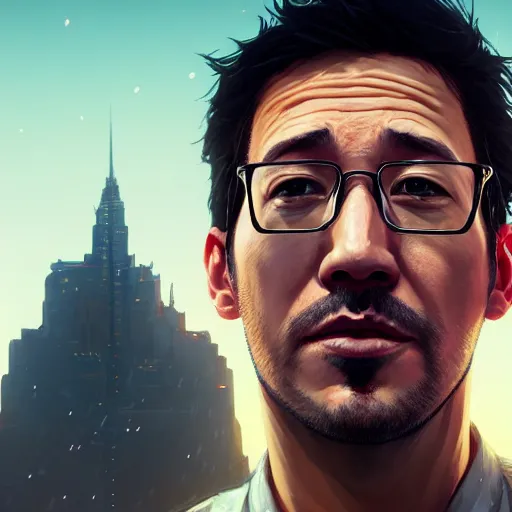 Image similar to highly detailed portrait markiplier in gta v, stephen bliss, unreal engine, fantasy art by greg rutkowski, loish, rhads, ferdinand knab, makoto shinkai and lois van baarle, ilya kuvshinov, rossdraws, tom bagshaw, global illumination, radiant light, detailed and intricate environment