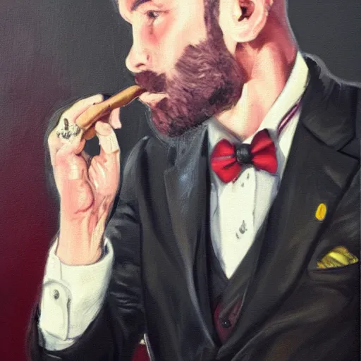 Prompt: a close - up canvas painting of a gangster irish man with a fade haircut, wearing a suit, bowtie, and ring, lighting a cigar, highly detailed