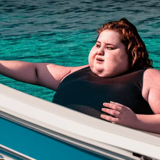 Image similar to a far shot photo of a obese women swimming behind a boat, 8k, DSLR, highly detailed skin, highly detailed hands