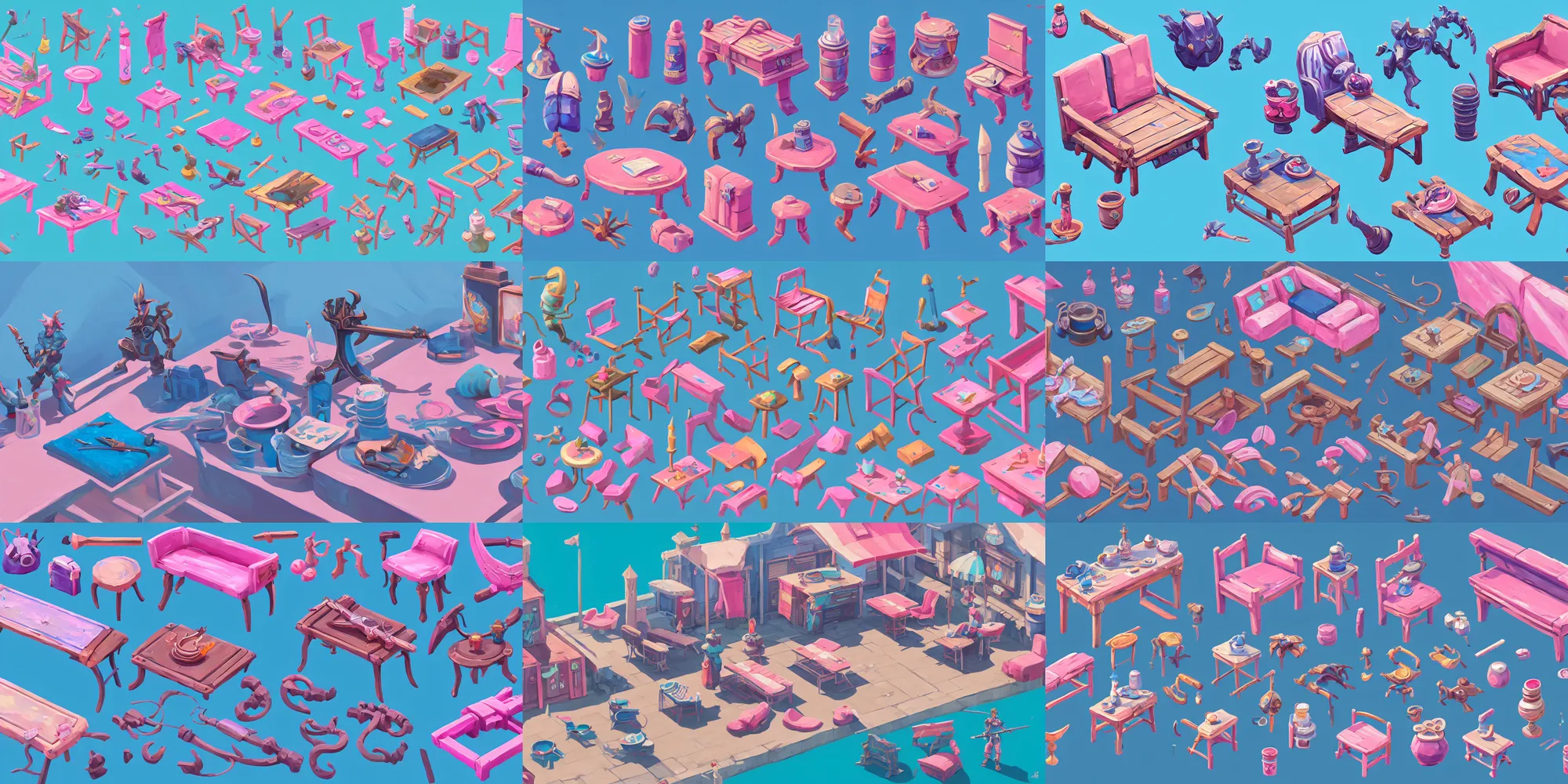 Prompt: game asset of seaside furniture and decoration, in gouache detailed paintings, props, stylized, 2 d sprites, kitbash, arcane, overwatch, blue and pink color scheme, 8 k, close up