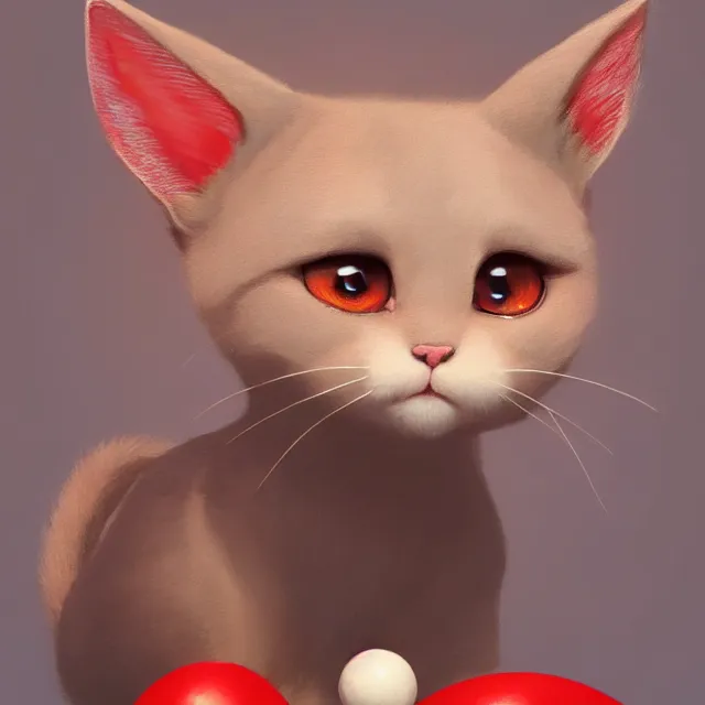 Prompt: a painting of a cute light beige kitten with dark brown ears and face and legs and tail and white paws playing with a red yarn ball. big eyes. character design by cory loftis, fenghua zhong, ryohei hase, ismail inceoglu and ruan jia. volumetric light, detailed, rendered in octane
