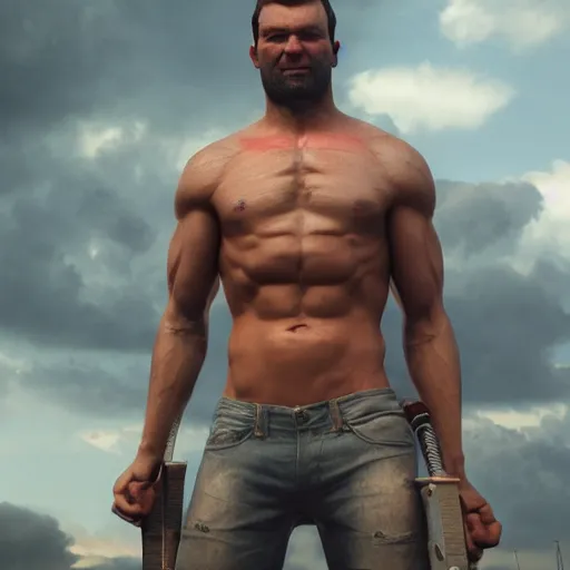 Image similar to John Scott Cothill with buff body, realistic artstyle, wide shot, dramatic lighting, octane render, hyperrealistic, high quality, highly detailed, HD, beautiful, cinematic, 8k, unreal engine, facial accuracy, symmetrical