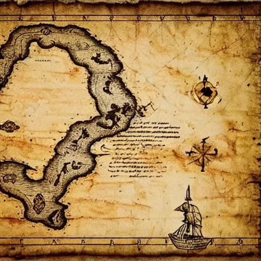 Prompt: ancient pirate treasure map printed on parchment
