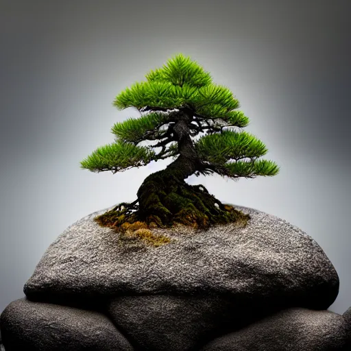 Prompt: photo bonsai fir on a small rock with shades of edges, in lake, fog, medium shot, volumetric lighting, beautiful, ultra detailed, cgsociety by leesha hannigan, thierry doizon, kai carpenter, ignacio fernandez rios, 3 5 mm, fujifilm