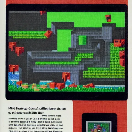 Image similar to Minecraft as a game for ZX Spectrum, photo from 1984 gaming magazine