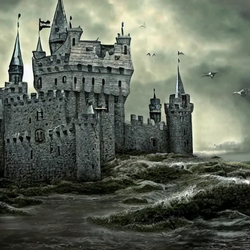 Prompt: A huge, rambling, quite scary-looking castle, with a jumble of towers and battlements. DeviantArt. REALISTIC. STORMY AFTERNOON