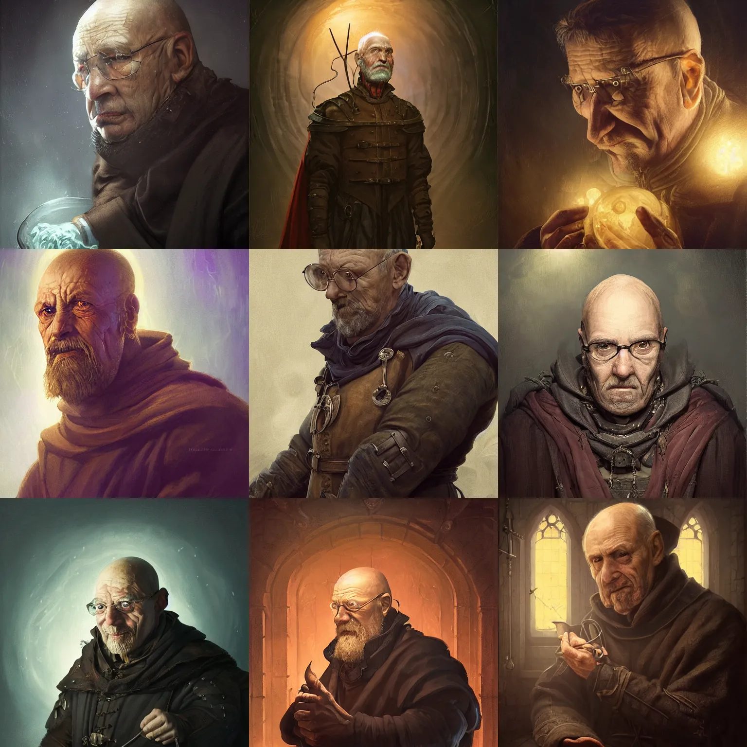 Prompt: portrait of an old, medieval alchemist in the dark, he is looking into the distance thoughtfully!!. close up, strictly 9 0 degrees, studio lighting bright ambient lighting key light, fantasy, detailed, photorealistic portrait by michael komarck, greg rutkowski, victo ngai, artgerm and j. dickenson