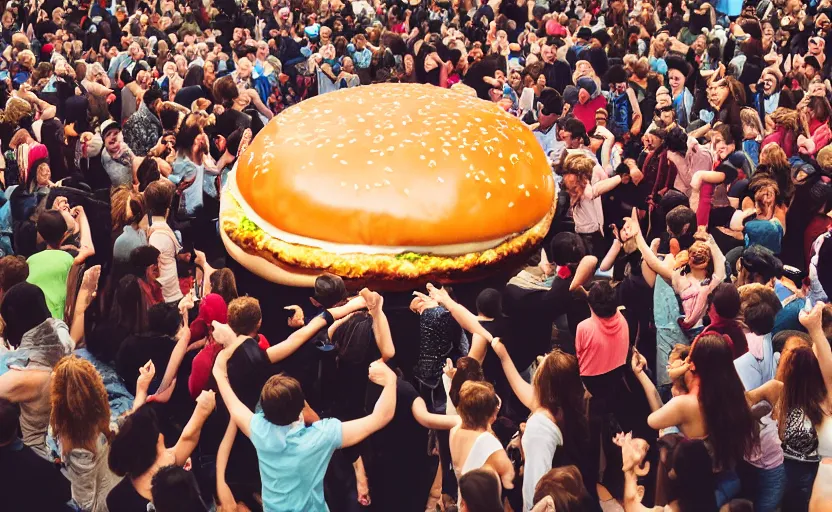 Image similar to a crowd of people dancing in a party around a giant hamburger,