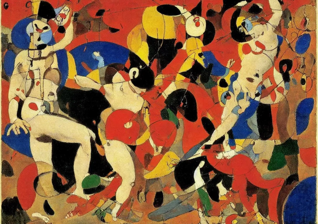 Prompt: a multiracial greek god dancing through the streets of a city, saturated color scheme, sparse detail, by george luks, joan miro and moebius