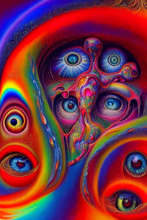 Prompt: hyperrealistic abstract close-up Renaissance psychedelic!! celestial happy! pure creature!! peaceful! kind spirit of nature! beautiful fractal!! eyes! highly detailed concept art eric zener elson peter cinematic hard rainbow lighting high angle hd 8k sharp shallow depth of field endless, inspired by Zdzisław Beksiński Salvador Dali