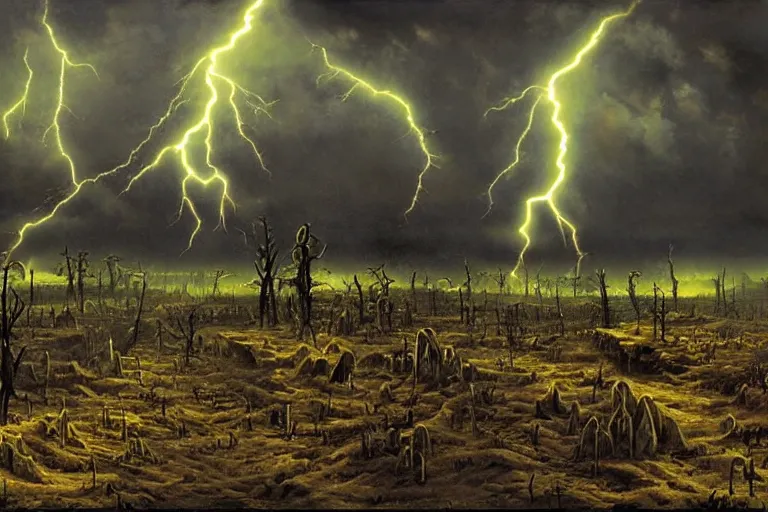 Prompt: bleak apocalyptic wasteland by vladimir kush, thunderstorms, green lightning, ominous, skulls