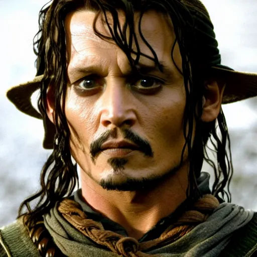 Prompt: symmetry!! photograph of johnny depp starring in the lord of the rings as aragorn, detailed - face!!, wide - angle!!, cinematic, intricate, elegant, highly detailed, film still, nikon, canon eos, zeiss lens, dramatic lighting, sharp - focus!!, photography!!
