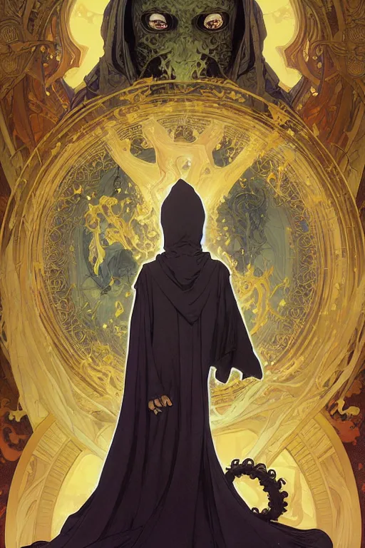 Prompt: A full body portrait of a mysterious character with no face with a very long hooded yellow cloak, a golden crown floating above his head, tentacles coming out the ground art by Artgerm and Greg Rutkowski and Alphonse Mucha and Craig Mullins and James Jean and Andrei Riabovitchev and Marc Simonetti and peter mohrbacher, sharp focus, ominous, cosmic horror, trending on artstation, Ultra detailed, hyper realistic 4k