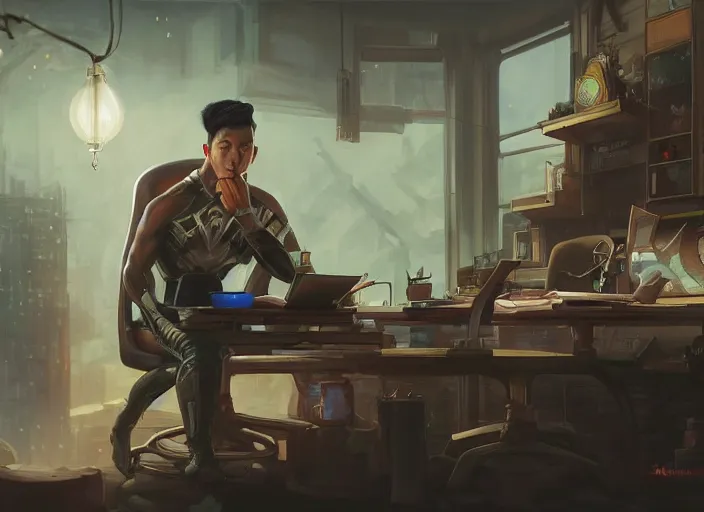 Image similar to an insanely detailed painting of an asian man wearing a homemade superhero costume, sitting at a desk, staring at the nervously at the computer and typing, in the style of peter mohrbacher, dramatic lighting and composition, surreal background, octane render, pixar, trending on artstation, concept art, comic book, view from behind