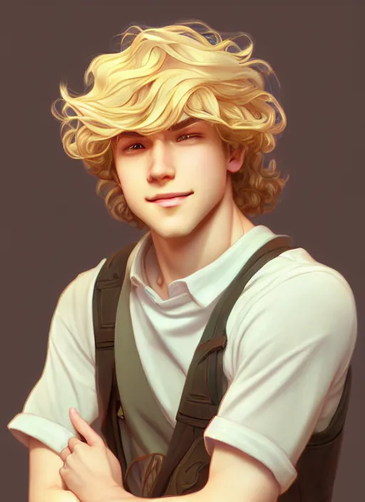 Prompt: young man with medium - length, curly, golden hair, perfectly proportioned face, aquamarine eyes, sweet smile, natural lighting, path traced, highly detailed, high quality, cartoon, digital painting, by new haicheng and ross tran and studio ghibli and alphonse mucha