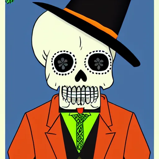 Image similar to manny calavera from grim fandango, game concept art, flat colours, bright colours, mexican day of the dead festival background by peter chan, artstation,