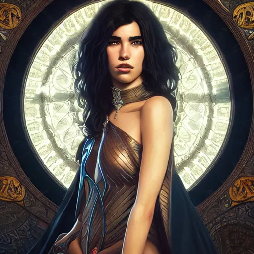 Image similar to full figure ultra realistic illustration, dua lipa as zatanna, intricate, elegant, highly detailed, digital painting, artstation, concept art, smooth, sharp focus, illustration, art by artgerm and greg rutkowski and alphonse mucha