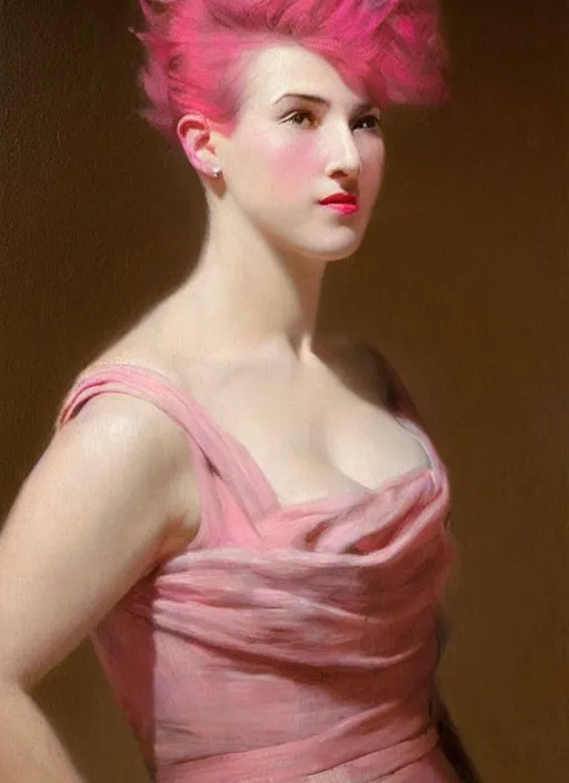 Image similar to a detailed portrait of woman with a mohawk by edouard bisson, year 1 9 5 0, pink hair, punk rock, oil painting, muted colours, soft lighting