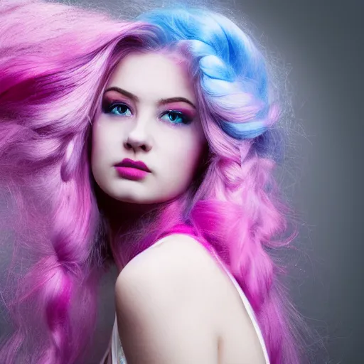 Prompt: a dramatic portrait photo of a beautiful young woman with cotton candy hair. with a little bit of cyan and pink
