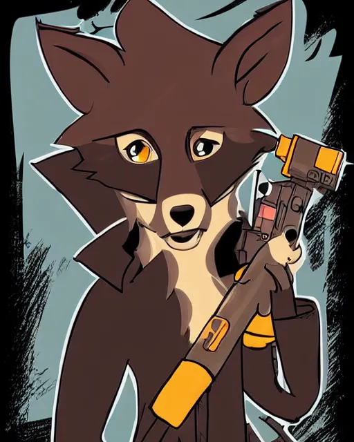 Image similar to a fox wearing a black trench - coat holding a mini - gun, comic art style, digital art,