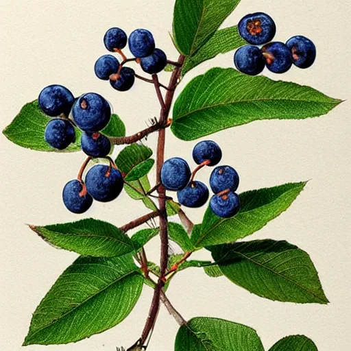 Image similar to botanical drawing of bilberry bush. detailed art. color. rustic. nordic. trending on artstation. detailed. shrub. nature. artistic.